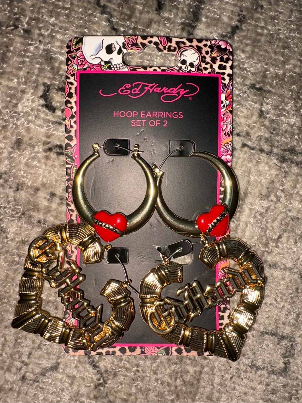 Ed Hardy Gold-Tone Hoop Earrings with Red Heart Detail - Set of 2